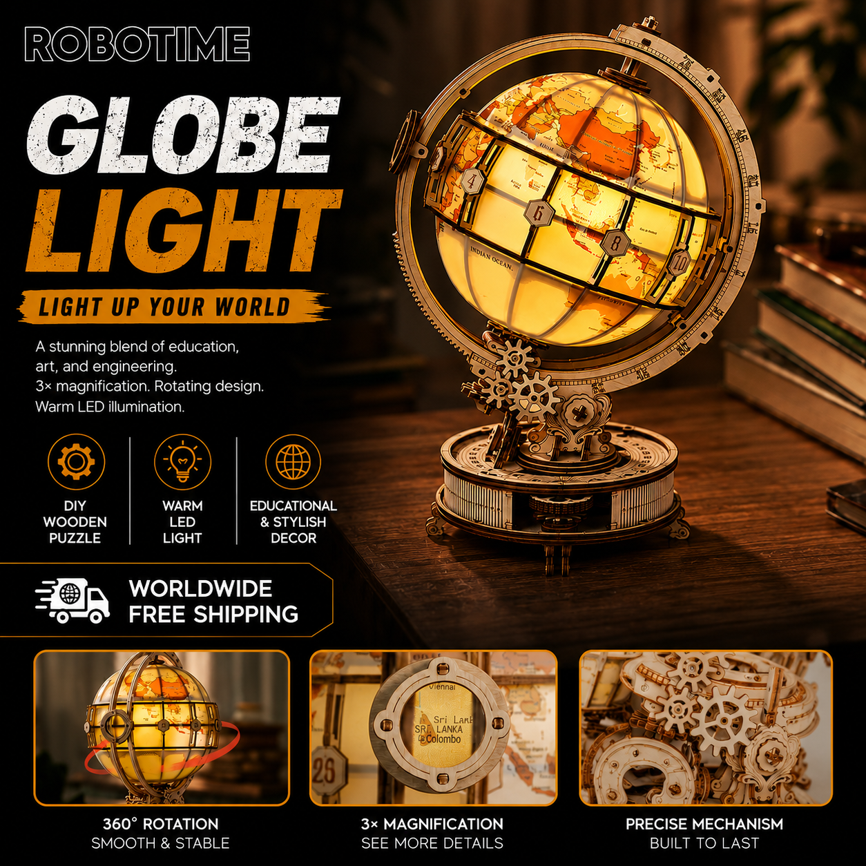ROKR Luminous Globe 3D Wooden Puzzle ST003D (Electric Version)
