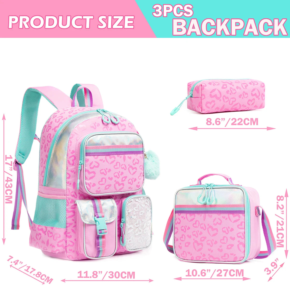 Heart Printed Pattern with Lunch Bag Pencil Backpack for Studying Travel and Picnic
