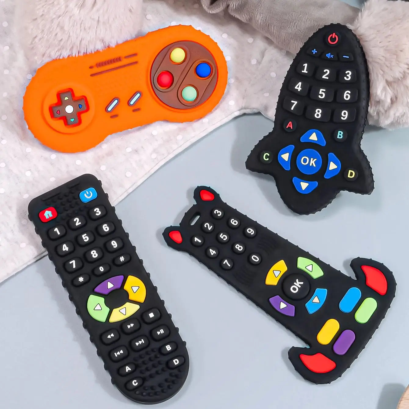 BPA 무료 아기 실리콘 Teether 장난감 원격 제어