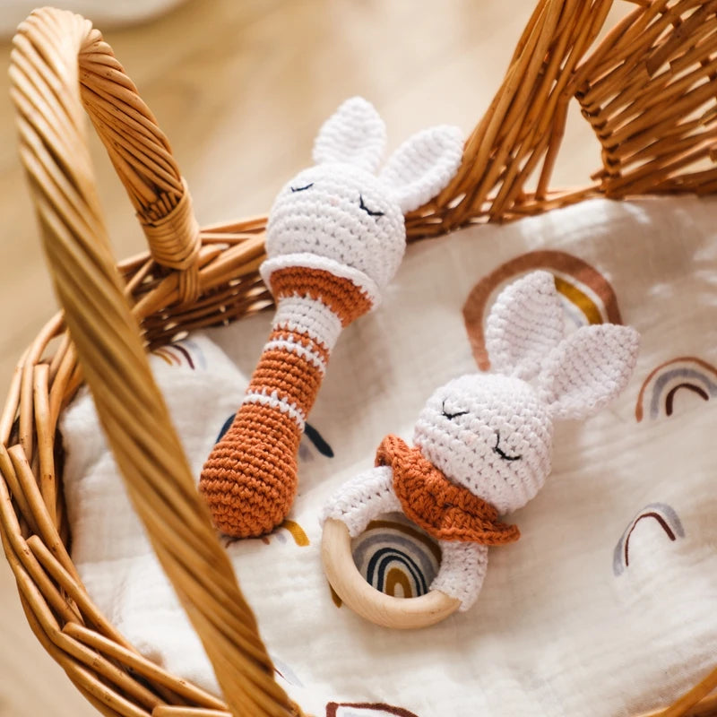 토끼 아기 Teether 동물 크로 셰 뜨개질 딸랑이 음악 벨