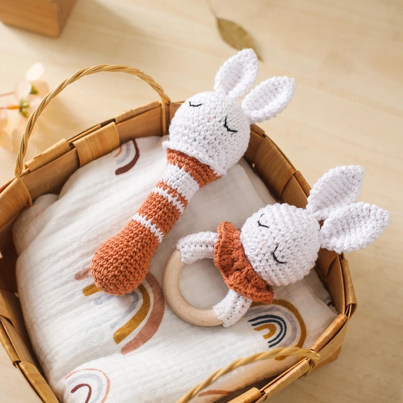 토끼 아기 Teether 동물 크로 셰 뜨개질 딸랑이 음악 벨