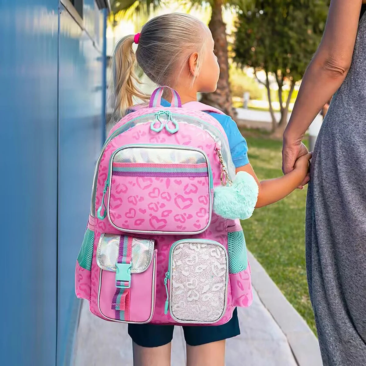 Heart Printed Pattern with Lunch Bag Pencil Backpack for Studying Travel and Picnic