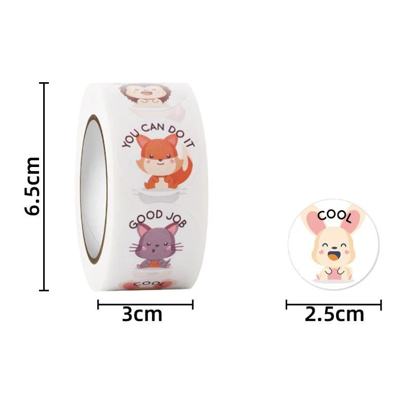 100-500 Pcs 1inch/2.5cm Animal Good Job Cool Stickers Roll