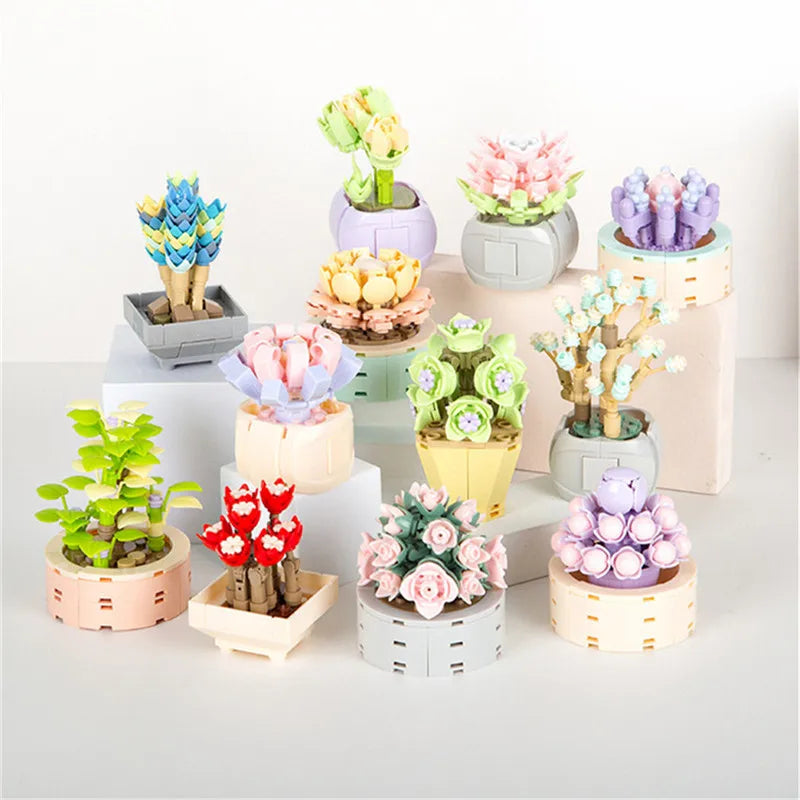 꽃 빌딩 블록 장난감 즙이 많은 화분에 심은 DIY 식물