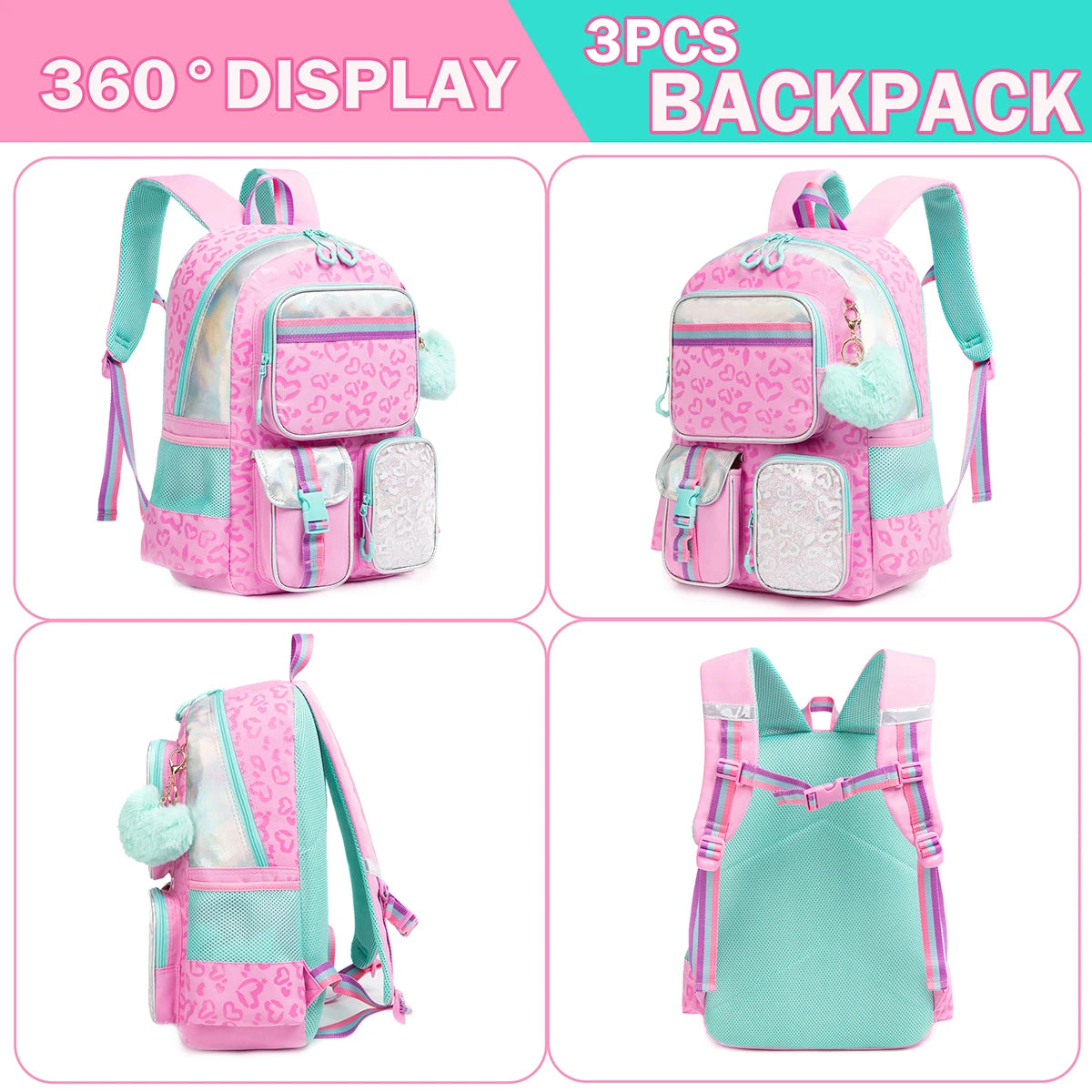 Heart Printed Pattern with Lunch Bag Pencil Backpack for Studying Travel and Picnic