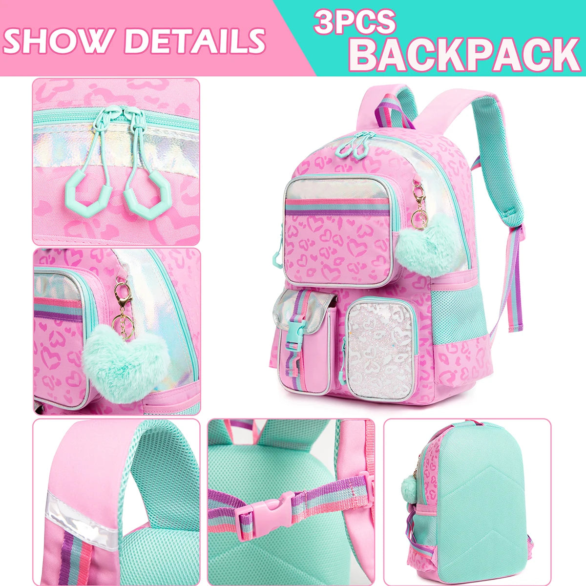 Heart Printed Pattern with Lunch Bag Pencil Backpack for Studying Travel and Picnic