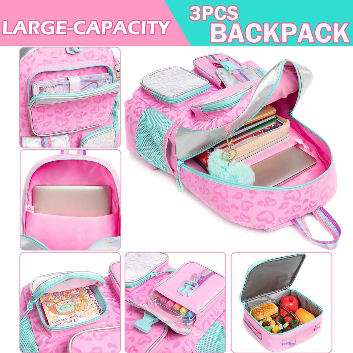 Heart Printed Pattern with Lunch Bag Pencil Backpack for Studying Travel and Picnic