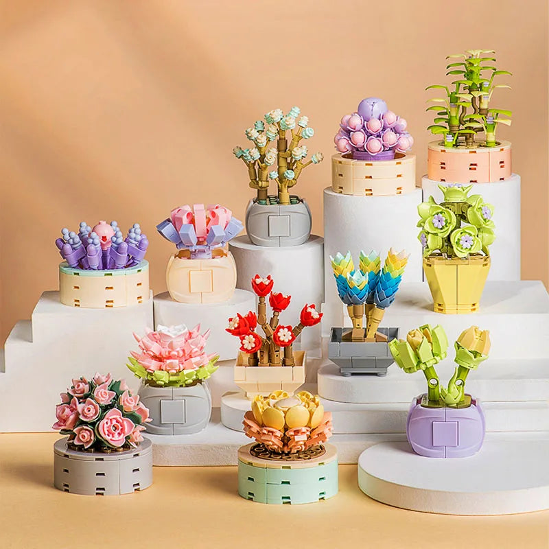 꽃 빌딩 블록 장난감 즙이 많은 화분에 심은 DIY 식물