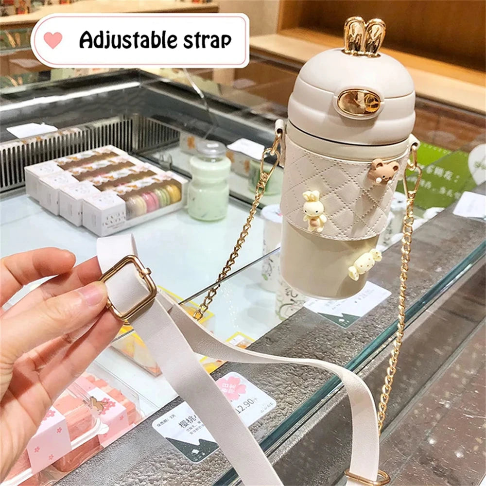BPAフリーのかわいいウサギ耳プラスチックウォーターボトル(ストロー付き)