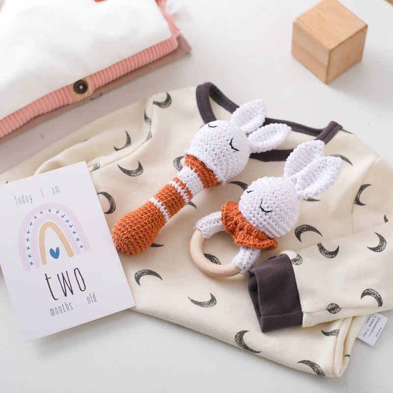 토끼 아기 Teether 동물 크로 셰 뜨개질 딸랑이 음악 벨