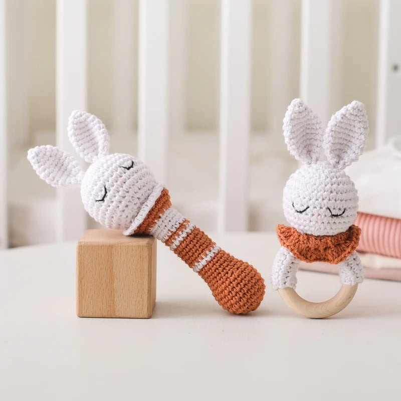 토끼 아기 Teether 동물 크로 셰 뜨개질 딸랑이 음악 벨