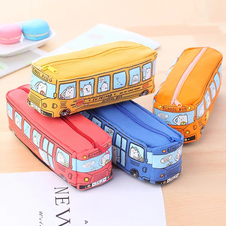 Cartoon Bus Pencil Bag Canvas Large Capacity