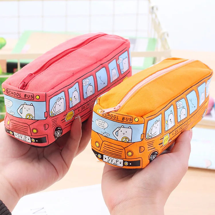 Cartoon Bus Pencil Bag Canvas Large Capacity