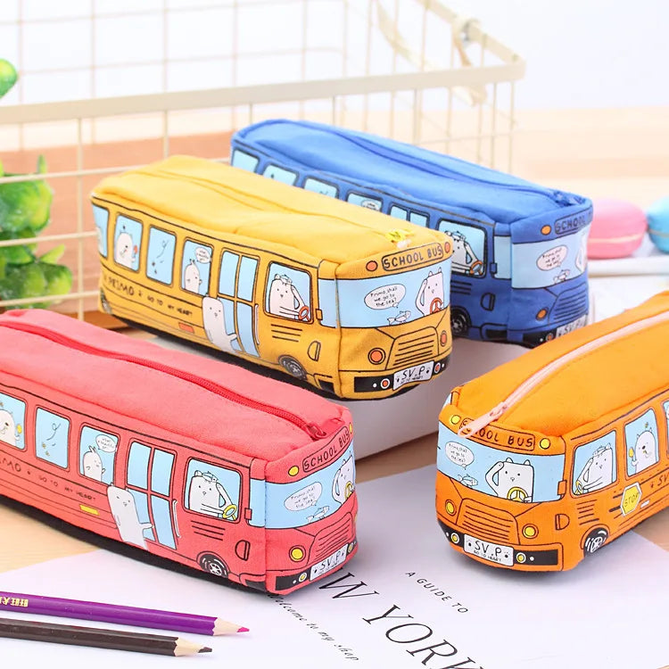 Cartoon Bus Pencil Bag Canvas Large Capacity