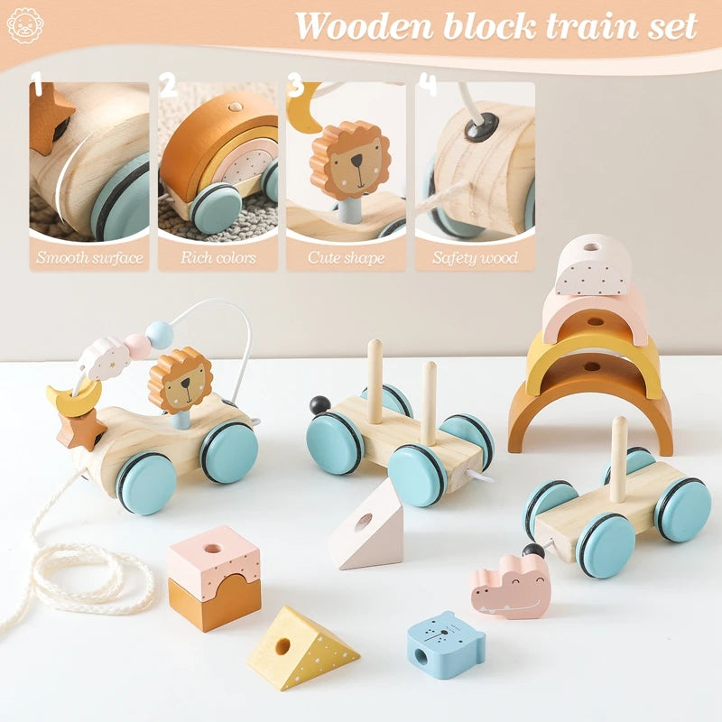 Wooden Animal Pulling Block Stars Moon Surround Train