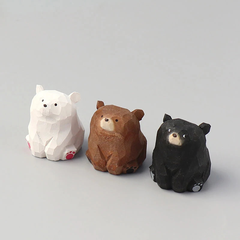 Hand Carved Miniature Solid Wood Bear Figurines