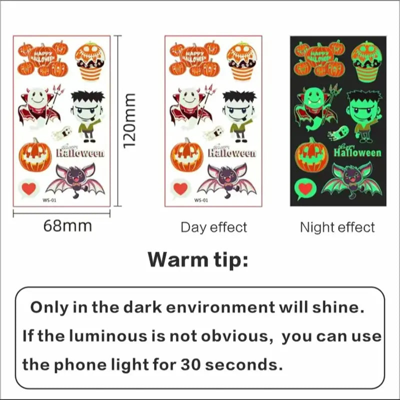 20 Sheets Night Glow Halloween Temporary Tattoos for Kids