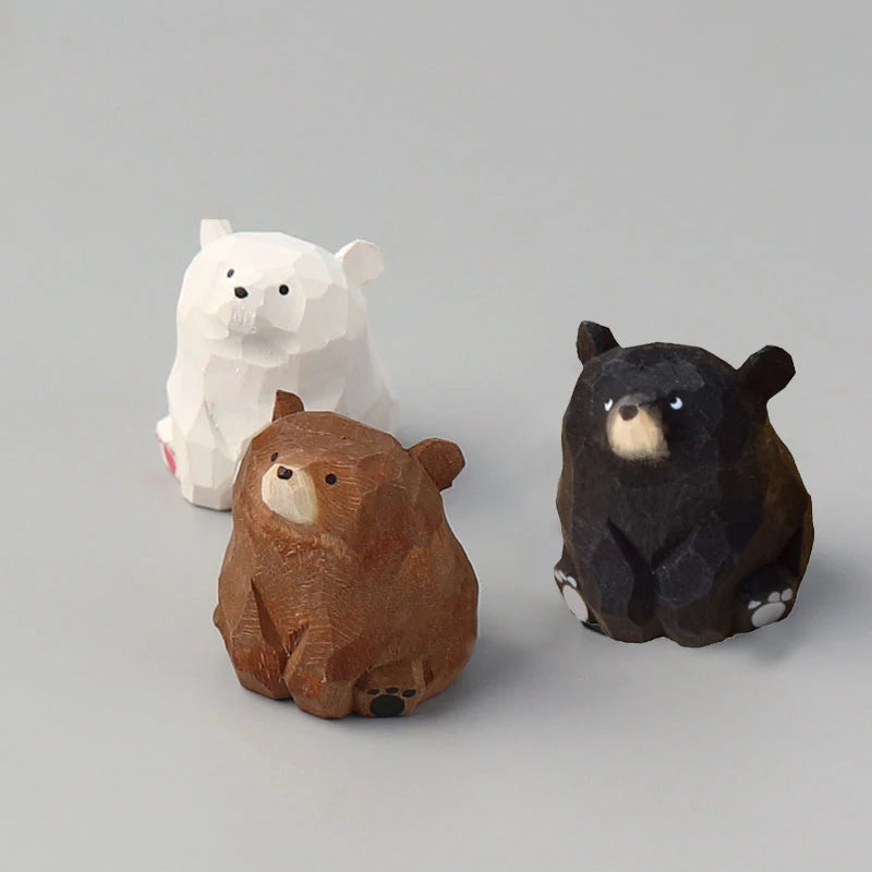 Hand Carved Miniature Solid Wood Bear Figurines