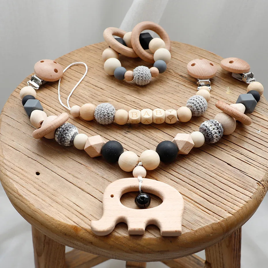 Baby Rattles Wood Crochet Beads Bracelet Pram Clip