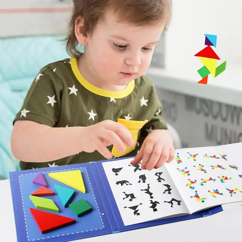 Montessori Learning Wooden Jigsaw Magnetic Tangram Puzzle Book