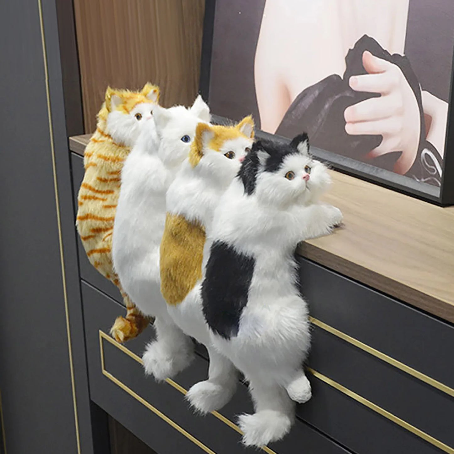 Realistic Furry Hanging Cat Simulation Plush Cat Doll Animal Figurines Home TV Decoration Cute Kitten Model Soft Toy Child Gift