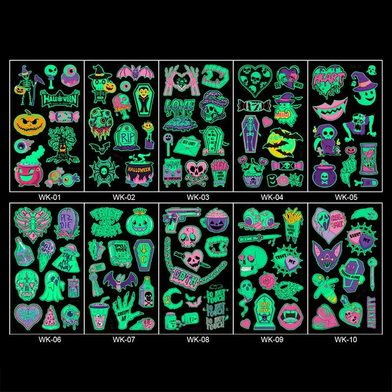 20 Sheets Night Glow Halloween Temporary Tattoos for Kids