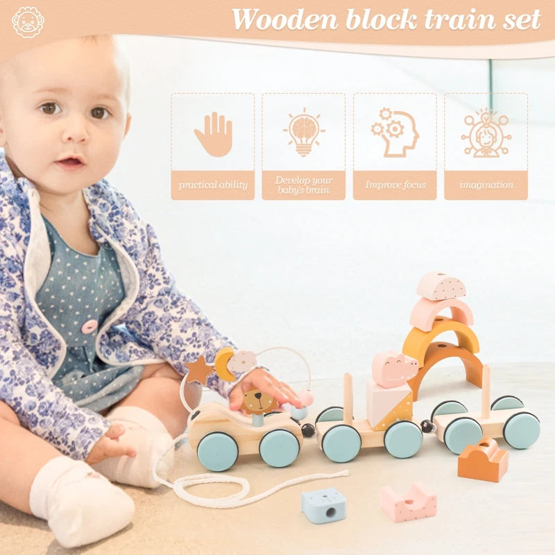 Wooden Animal Pulling Block Stars Moon Surround Train