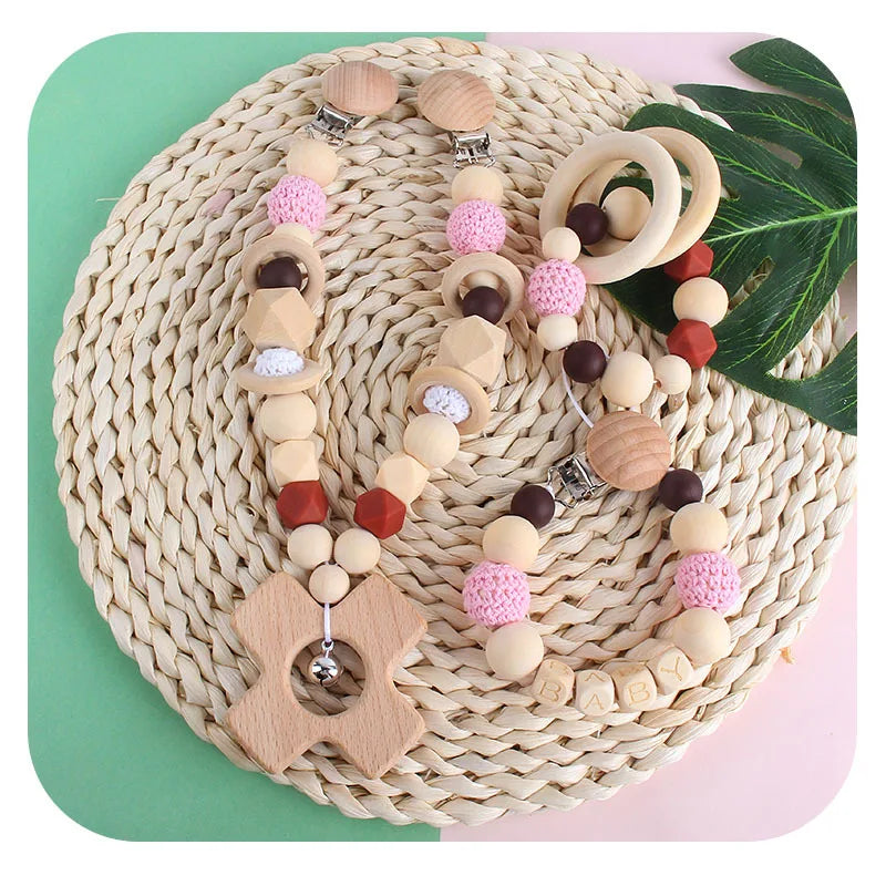 Baby Rattles Wood Crochet Beads Bracelet Pram Clip