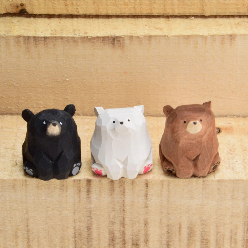 Hand Carved Miniature Solid Wood Bear Figurines