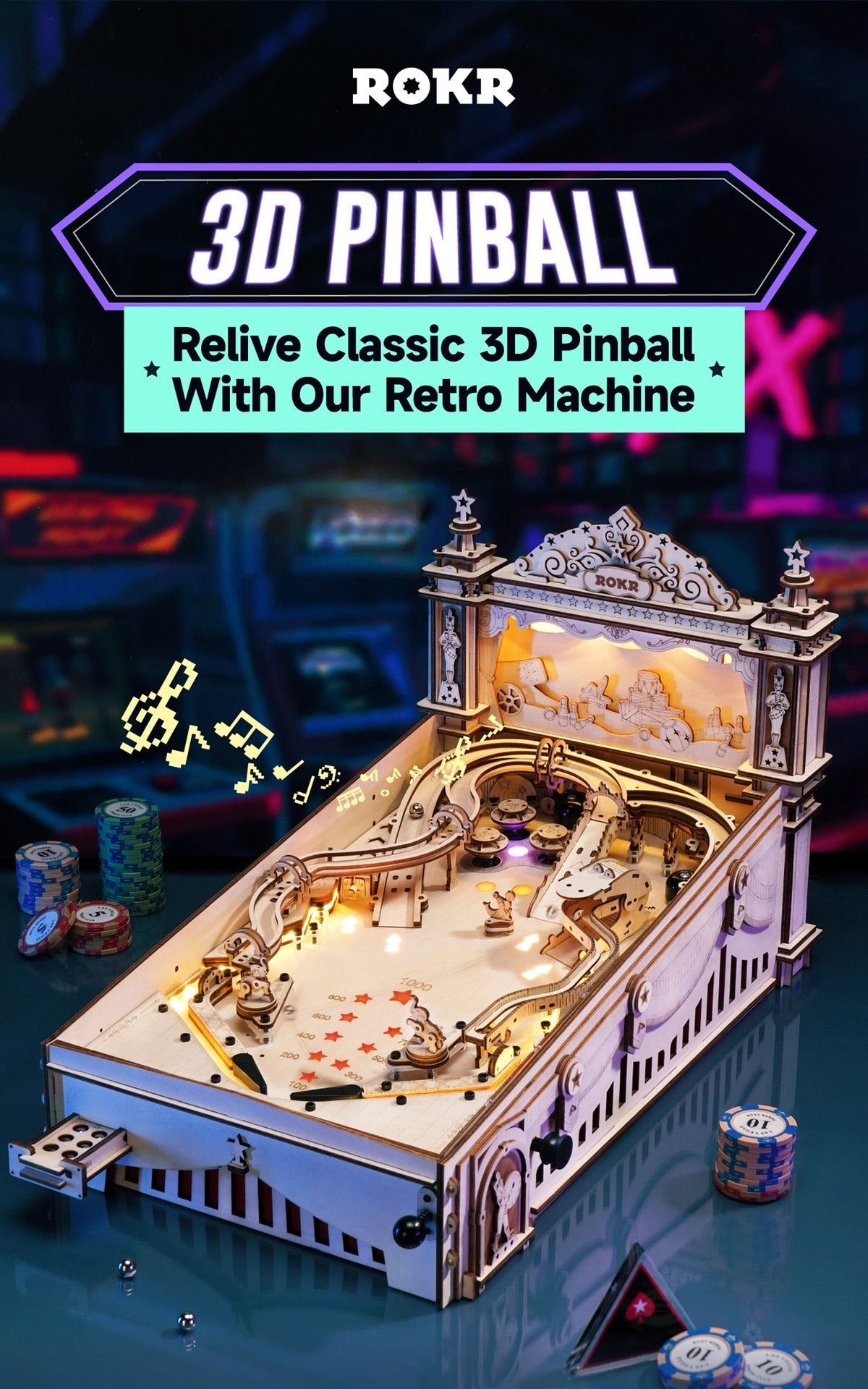 Robotime ROKR 3D Pinball Family Party Machine Vintage Style EG01