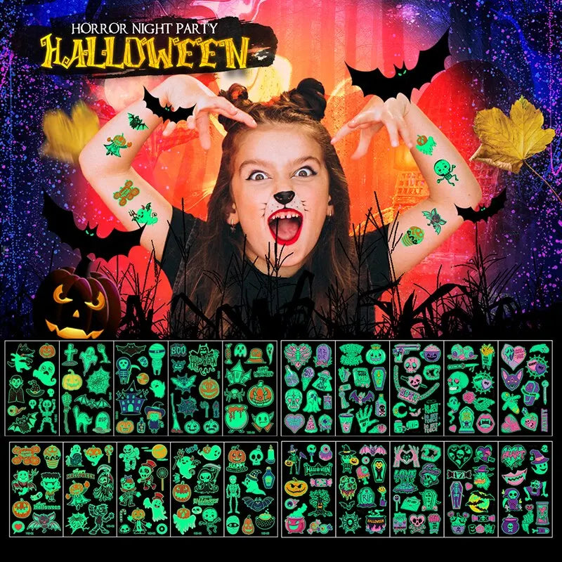 20 Sheets Night Glow Halloween Temporary Tattoos for Kids